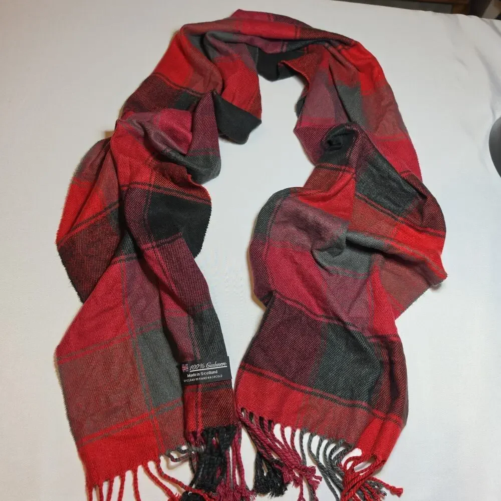 Scarf Made In Scotland Red Gray Black Maroon Tartan Soft 100% Cashmere Fringe